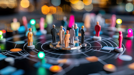 A captivating scene featuring miniature figures arranged on a board game with vibrant lights. The composition highlights community and strategic interaction, creating an inviting atmosphere for fun and play.の素材