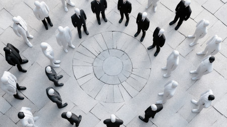 A striking arrangement of black and white figures forms a circle on a stone surface, showcasing contrast and unity in a minimalistic, abstract design.の素材