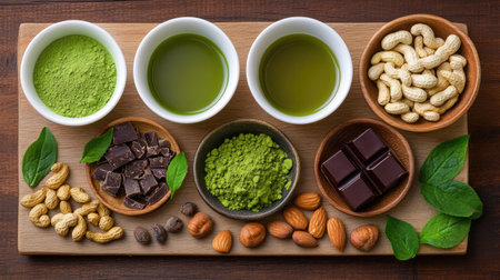 A visually appealing arrangement of green ingredients, including matcha, olive oil, and various nuts, perfect for health-conscious cooking and snacking.の素材