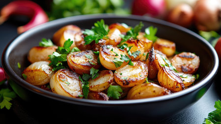 A visually appealing bowl of roasted potatoes garnished with fresh herbs, showcasing the vibrant colors and textures of a delicious and healthy dish.の素材