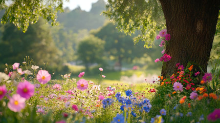 A vibrant display of spring flowers blooming around a majestic tree under bright sunlight. This serene natural scene captures the beauty of a peaceful garden, filled with colors and life.の素材