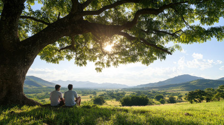 Two friends sit peacefully under a large tree, enjoying a serene landscape filled with greenery, mountains, and sunshine, perfect for relaxation and connection.の素材