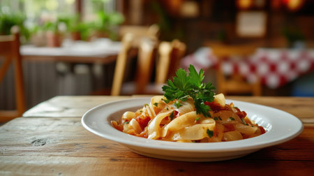 A beautifully presented Italian pasta dish garnished with fresh herbs, capturing the essence of a cozy restaurant dining experience on a wooden table.の素材