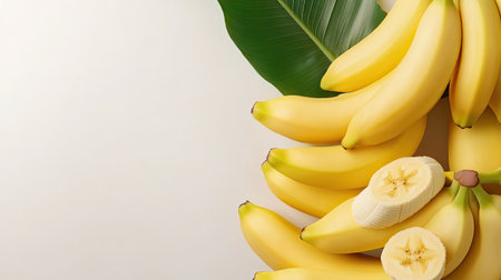 Discover the vibrant freshness of ripe bananas arranged with a tropical leaf. Perfect for promoting health and nutrition in culinary projects or food advertisements.の素材