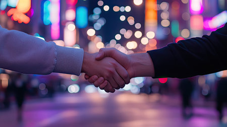 A close-up of two hands shaking in a lively urban setting, illuminated by vibrant neon lights at night, symbolizing partnership and connection amid a bustling street.の素材