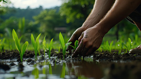 A pair of hands gently plants young seedlings in rich, moist soil. The background features a lush, vibrant landscape, highlighting the importance of nurturing growth in nature.の素材