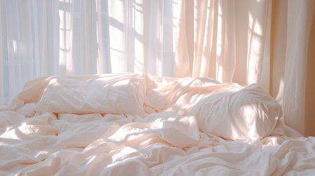 A cozy bedroom scene featuring crumpled white sheets bathed in soft sunlight, creating a tranquil atmosphere perfect for relaxation and comfort.の素材