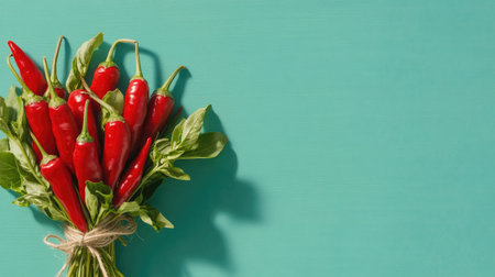 A beautiful arrangement of fresh red chili peppers and green basil on a vibrant teal background, perfect for culinary and food-related projects.の素材