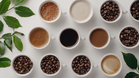 Discover a beautiful arrangement of coffee cups filled with various types, accompanied by coffee beans and fresh leaves. Perfect for coffee lovers.の素材