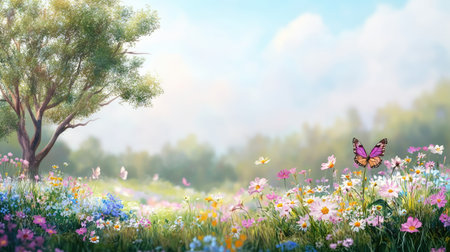 A serene meadow filled with colorful wildflowers and a butterfly under a clear blue sky, capturing the essence of spring and nature's beauty.の素材