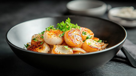 Enjoy an enticing plate of sauteed scallops, perfectly seared and topped with fresh parsley, highlighting gourmet flavors and textures. Ideal for a culinary creation.の素材