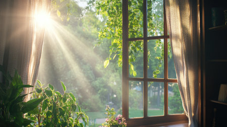 A serene view of sunlight pouring through a window, illuminating green plants. The warm rays create a tranquil atmosphere perfect for relaxation and connection with nature.の素材
