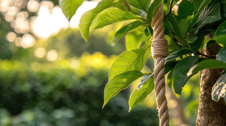 A close-up view of a rope tied to a tree branch, surrounded by lush green leaves. The scene captures the calmness of nature, perfect for outdoor leisure moments.の素材