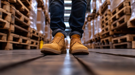 A person stands confidently in sturdy work boots on a wooden floor within a spacious warehouse filled with wooden pallets. The image captures the industrial environment.の素材