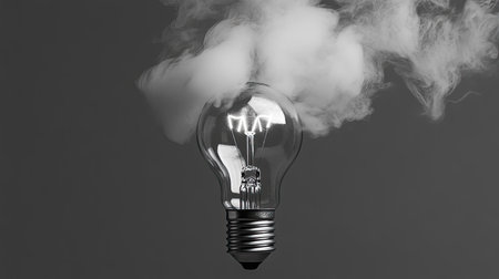 A striking black and white image of a light bulb emitting smoke, symbolizing creative ideas and innovation. Ideal for modern design projects and concepts.の素材