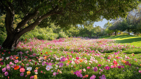 A peaceful meadow filled with vibrant multicolored flowers sprawls under a majestic tree, offering a serene escape into nature's beauty.の素材
