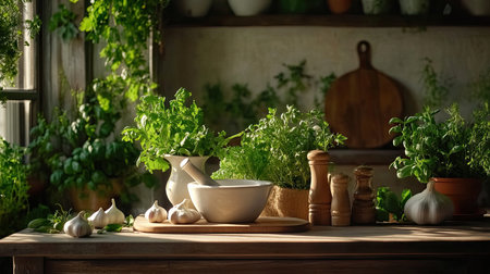 A cozy rustic kitchen scene featuring an assortment of fresh herbs and garlic, illuminated by soft sunlight. Ideal for culinary and home cooking themes.の素材