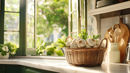 A beautiful display of fresh garlic and herbs arranged in a rustic basket sits on a kitchen counter, illuminated by soft sunlight, creating a warm atmosphere.の素材