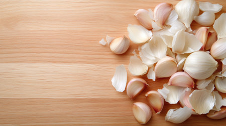 A collection of fresh garlic cloves and their peels scattered on a light wooden surface, perfect for culinary presentations and food-themed designs.の素材