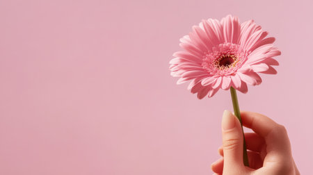 A delicate pink flower held gently in a hand against a soft pink background. This image evokes feelings of beauty, tenderness, and tranquility, perfect for various creative projects.の素材