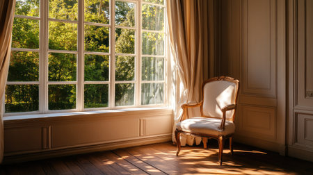 A tranquil and inviting interior featuring a classic chair beside a large window, bathed in warm sunlight with a view of lush greenery outside.の素材