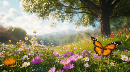 A stunning scene of a butterfly perched among vibrant wildflowers in a sunlit meadow, showcasing the beauty of nature and the joys of spring and summer.の素材