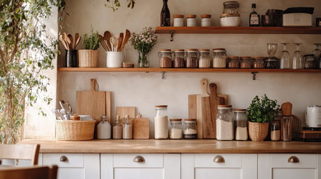 A cozy kitchen scene featuring wooden shelves adorned with jars and plants. This serene space showcases organized kitchenware, enhancing cooking ambiance.の素材