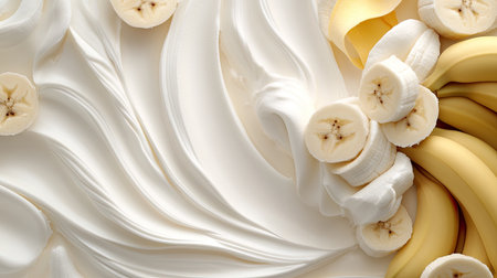 This image showcases a delightful arrangement of creamy swirls complemented by fresh banana slices, perfect for inspiring culinary creativity and dessert presentations.の素材