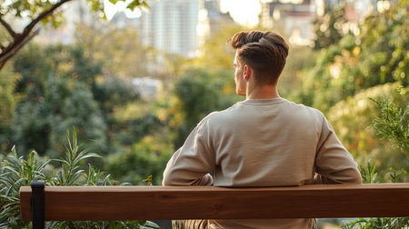 A young man sits on a wooden bench in a serene park, contemplating the beauty of nature surrounding him. The scene captures calmness and relaxation during a peaceful day outdoors.の素材