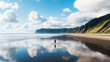 A tranquil coastal landscape featuring a solitary figure walking on wet sand, surrounded by stunning cliffs and reflective waters, epitomizing peace and solitude.の素材