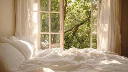 This serene bedroom scene captures a cozy bed with soft white bedding, bathed in natural light streaming through an open window, showcasing a lush green view.の素材