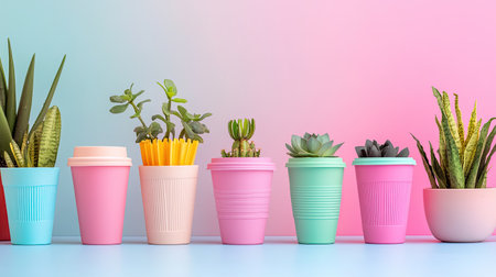A vibrant array of stylish planters showcases various indoor plants, creating a modern and cheerful atmosphere perfect for home decor and gardening enthusiasts.の素材