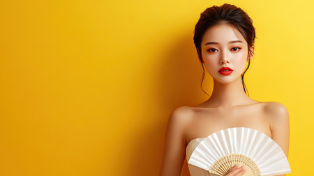 A stunning portrait of a woman holding a fan, showcasing beauty and elegance against a vibrant yellow backdrop. This image captures modern femininity and artistic expression.の素材