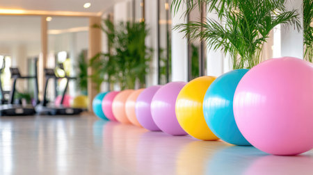 Colorful exercise balls arranged neatly in a modern gym environment. Ideal for promoting wellness, fitness, and an active lifestyle in a vibrant atmosphere.の素材