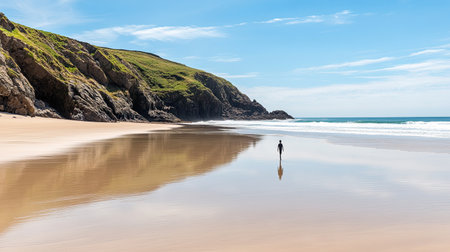 A tranquil beach scene featuring a solitary figure walking along a reflective shoreline. The majestic cliffs and clear blue sky enhance the serene atmosphere.の素材