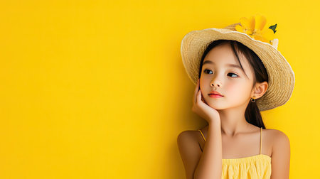 A charming portrait of a young girl in a yellow dress and hat, expressing thoughts against a vibrant yellow background. Captures innocence and joy in summer fashion.の素材