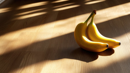 A close-up of ripe bananas sitting on a wooden surface, illuminated by soft natural light. The gentle shadows create a warm and inviting atmosphere ideal for food photography.の素材