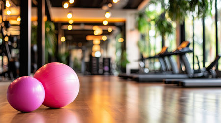 Two pink exercise balls rest on a wooden floor in a bright gym, evoking a sense of wellness and motivation for fitness enthusiasts engaging in workouts.の素材