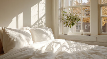 A serene bedroom scene featuring soft bedding, warm sunlight filtering through a window, and a touch of greenery, creating a cozy atmosphere perfect for relaxation.の素材