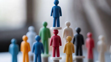 A vibrant display of colorful plastic figures stacked in a tower, symbolizing teamwork and collaboration in a playful and creative context.の素材