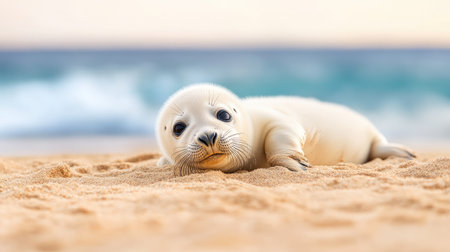 A charming seal pup lounges on warm sand, showcasing its playful nature and innocent charm against a captivating ocean backdrop. Perfect for wildlife themes.の素材