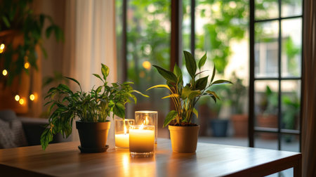 A serene indoor setting showcasing glowing candles and lush plants, creating a tranquil atmosphere filled with natural light and comfort. Perfect for relaxation.の素材