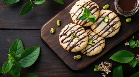This image showcases delightful cookies drizzled with chocolate and garnished with pistachios, surrounded by fresh leaves, perfect for a sweet snack.の素材