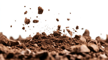 Close-up view of soil showcasing flying dirt particles in motion against a white background, capturing the dynamic nature of erosion and ground texture in detail.の素材