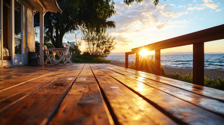 Enjoy a picturesque sunset view over a tranquil lake from a wooden deck. This serene setting combines natural beauty, warm light, and peaceful water reflections.の素材