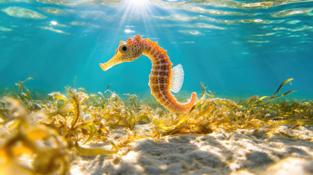 A stunning seahorse glides through clear ocean water, surrounded by lush seaweed. Sunlight filters through the waves, creating a serene underwater scene.の素材