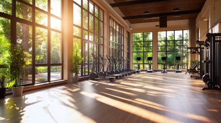 A bright fitness studio featuring modern exercise machines and large windows. Sunlight streams in, creating a warm atmosphere ideal for workouts.の素材