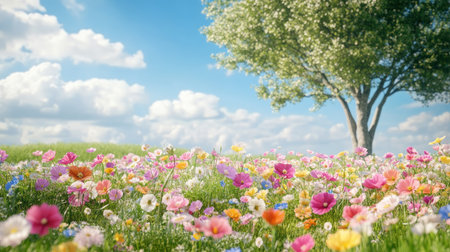 A vibrant flower field filled with colorful blooms under a bright blue sky dotted with fluffy clouds. A solitary tree adds tranquility to this serene landscape.の素材