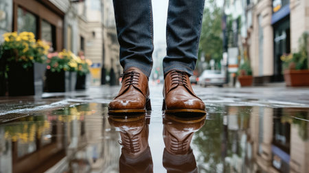 A pair of stylish brown shoes stands on a wet street, creating a striking reflection in a puddle after rainfall. The scene captures urban life and fashion.の素材