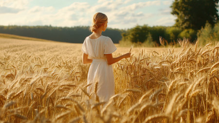 A young woman in a flowing white dress strolls through a golden wheat field at sunset. The serene landscape captures the essence of freedom and beauty in nature.の素材